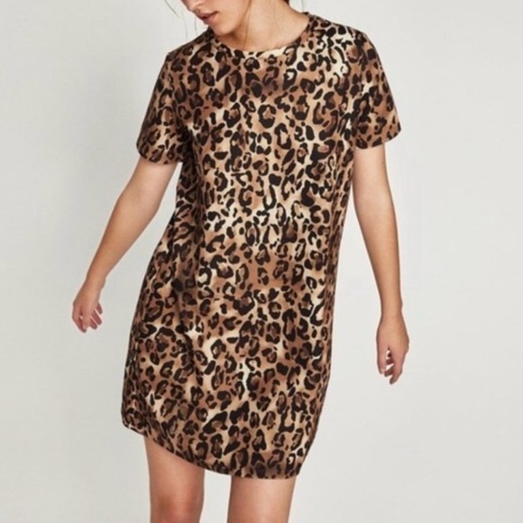 Zara Trafaluc NWT Leopard Print Short Sleeve Shift Mini Dress Size Small - Picture 1 of 12